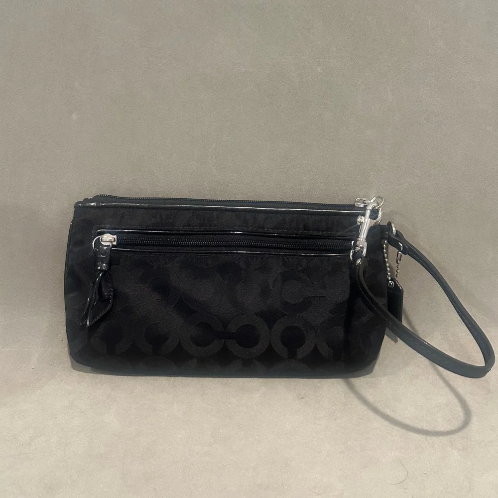 Coach Signature C Monogram Wristlet Black Jacquard Patent Trim Silver Medallion